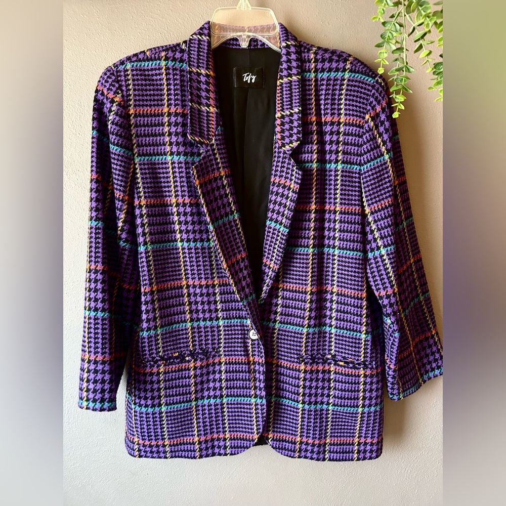 VTG 90's Women's Size S/M Plaid Blazer Jacket Shoulder Pads Preppy Academia Wool
